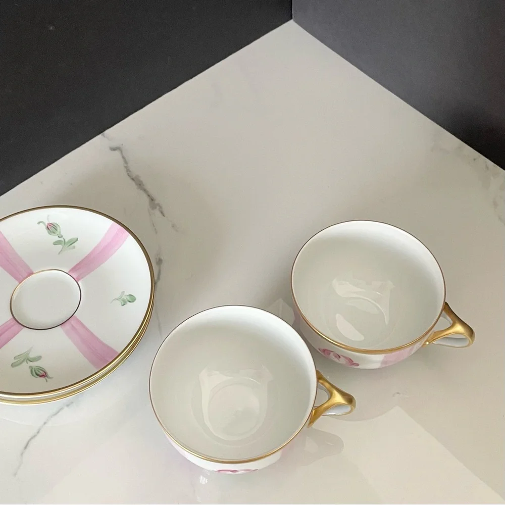 SET of 2 Pink Rose Cups & Saucers - Marie Daage Limoges